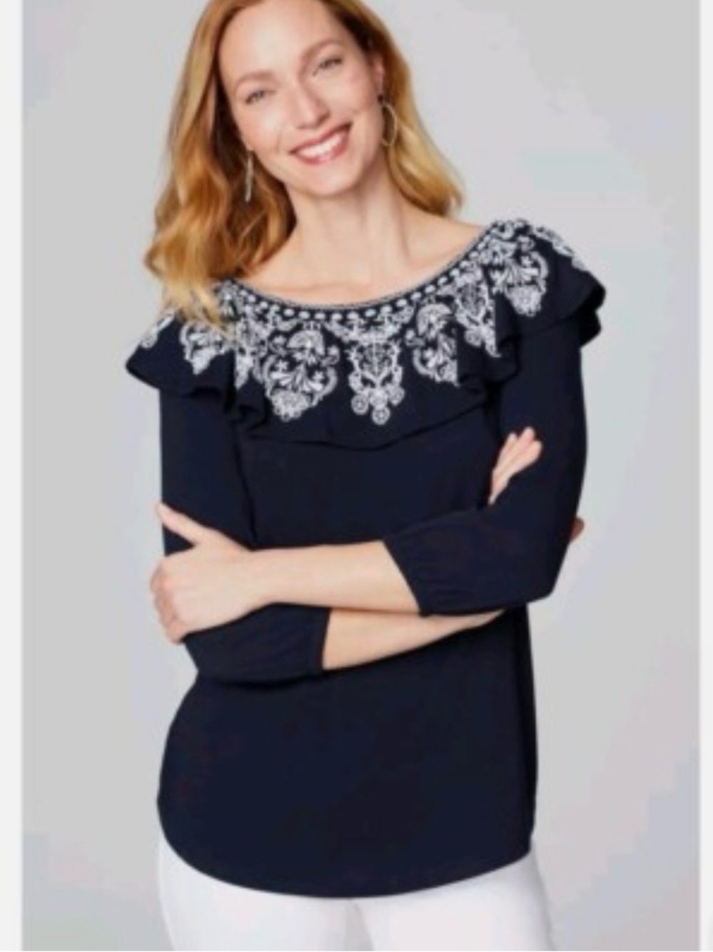 J. Jill Dark Navy Top with White Embroidered Ruffle Yoke XL